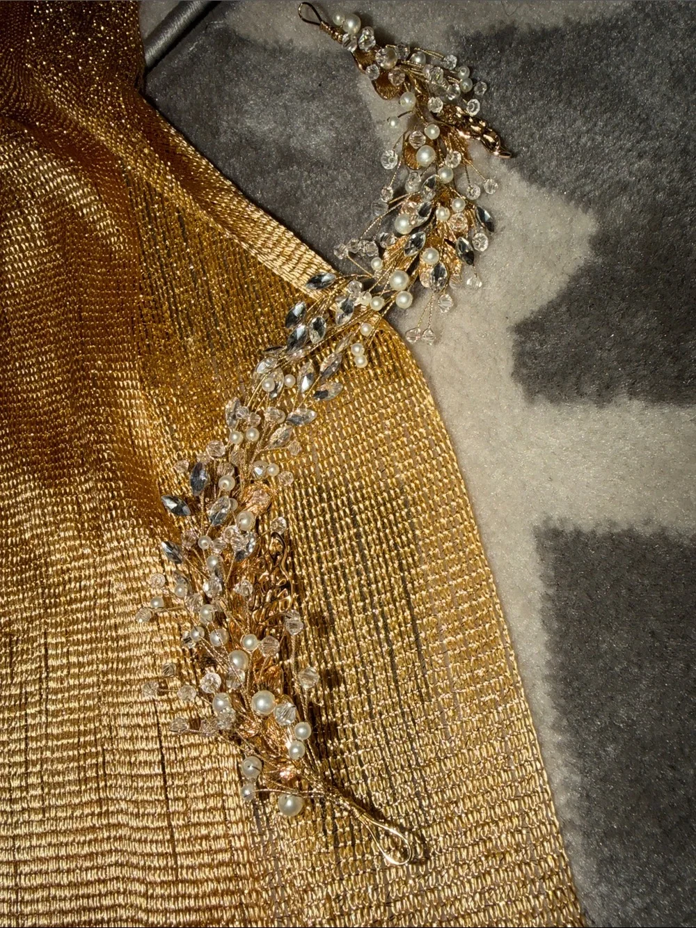 Gold metallic fringe shawl & gold & rhinestone headband/brooch bundle
